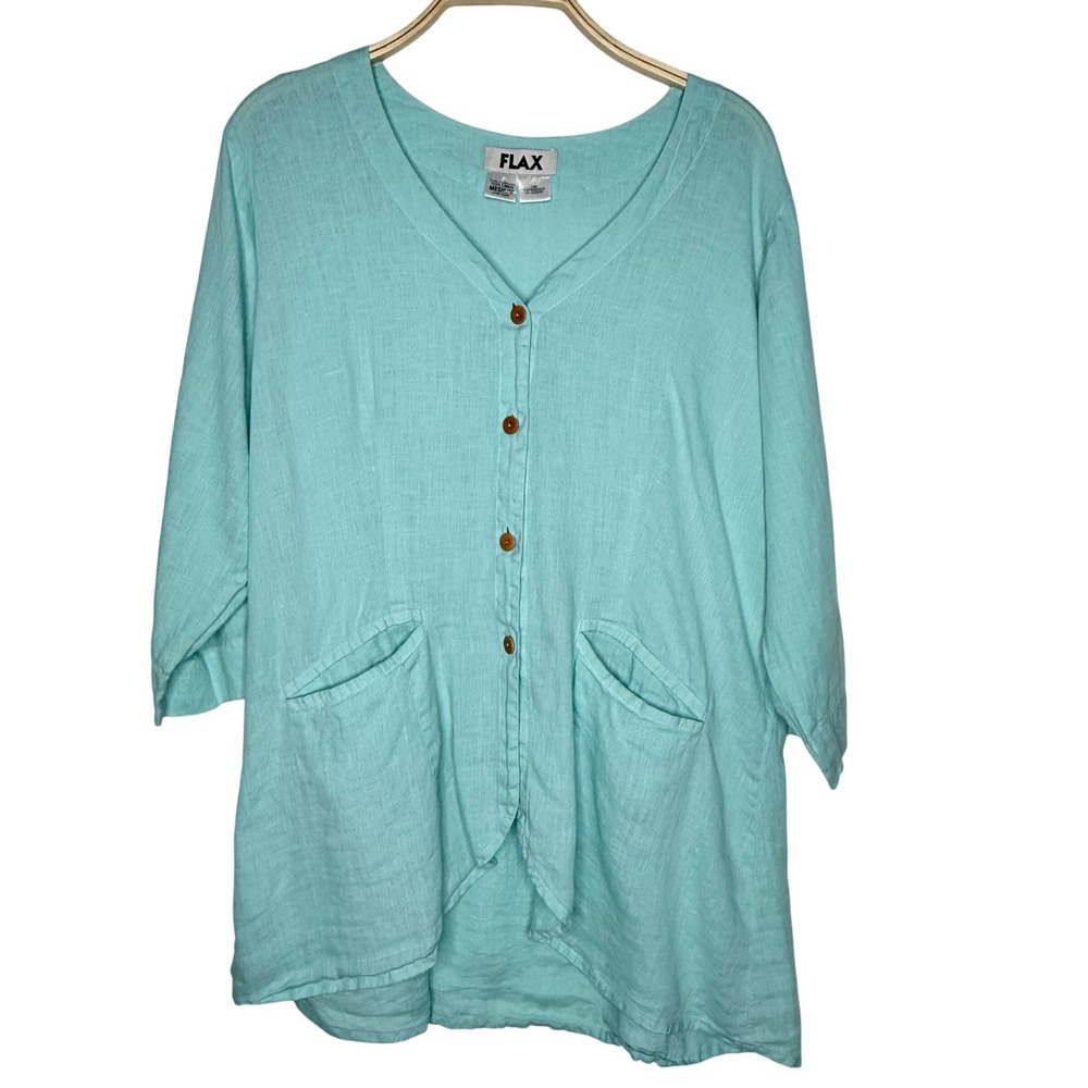 FLAX Button Down Linen Top Medium Aqua Blue 3/4 Sleeve Pockets Relaxed Fit